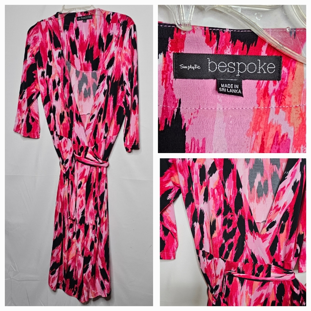 NWOT Bespoke 3/4 sleeve abstract pink black wrap around midi dress sz 14
